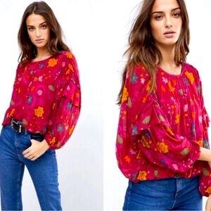 Free People Wildflower Honey Ruffle Mesh Blouse, Size L, NWT